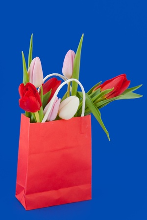 shopping bag with bouquet colorful tulips on blue backgroundの写真素材