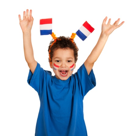 Dutch child dressed in red white and blue as soccer fanの写真素材