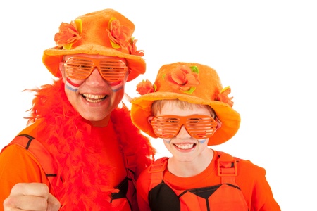 Father and son as Dutch orange soccer fansの写真素材