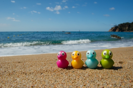 Colorful duck toys at the beachの写真素材