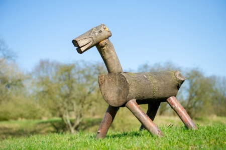 Wooden horse as toy in natureの写真素材