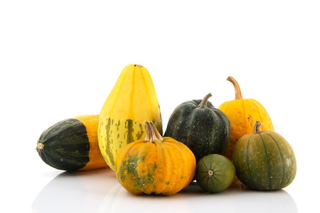 Still life with ornamental gourds isolated on white backgroundの写真素材