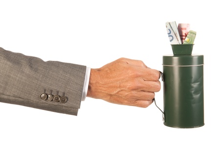 Collecting box with euro currency isolated over white backgroundの写真素材