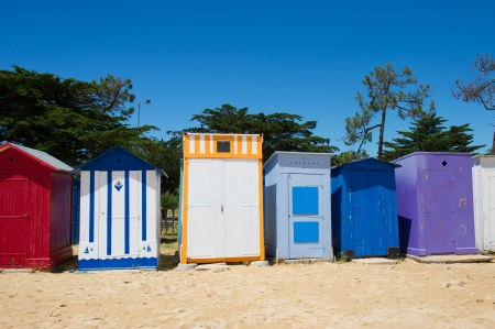 Colorful beach huts on the beach at Saint-Denis island d'Oleron in Franceの写真素材
