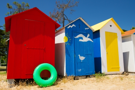 Colorful beach huts on the beach at Saint-Denis island d'Oleron in Franceの写真素材