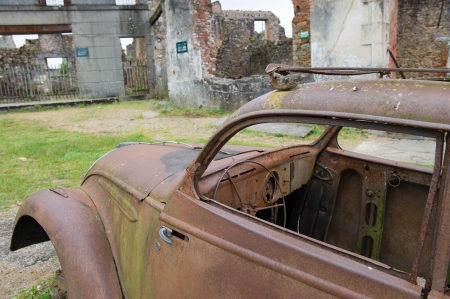 Destroyed car of doctor in Oradour sur Glane in the French Limousinの写真素材
