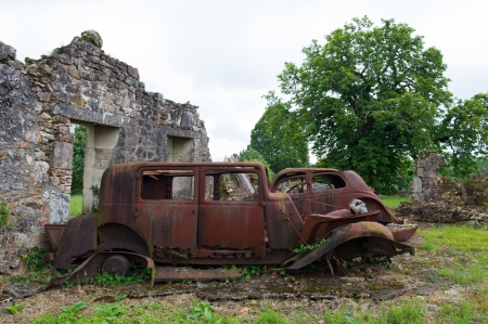 Destroyed cars in Oradour sur Glane in the French Limousinの写真素材