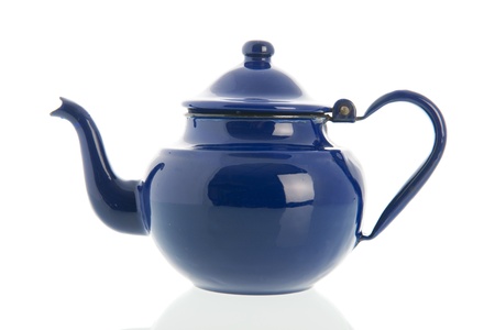 Blue ename retro tea pot isolated over white backgroundの写真素材