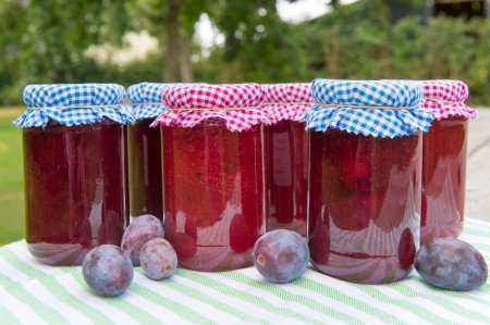 Homemade glass pots jam with fresh fruit in the orchard