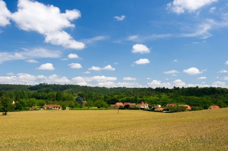 landscape in French Dordogne with Perigord housesの写真素材