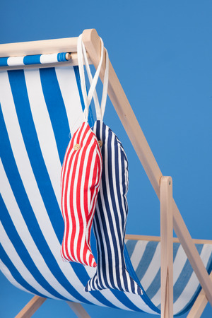 Blue beach chair with fishes from textileの写真素材
