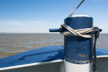 Bollards on ship with ropes at the seaの写真素材
