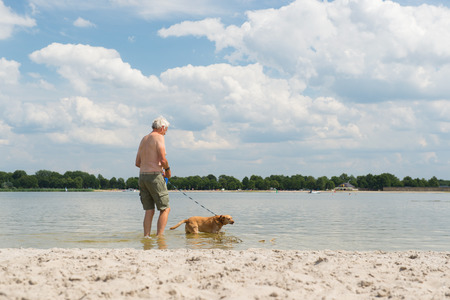 Senior man walking the dog in waterの写真素材