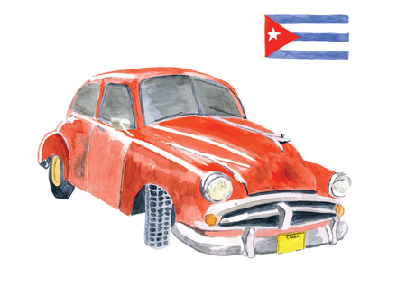 Watercolor Hand painted Red American vintage car with Cuban flagのイラスト素材