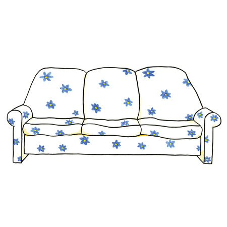 White bench with blue flowers isolated over white backgroundのイラスト素材