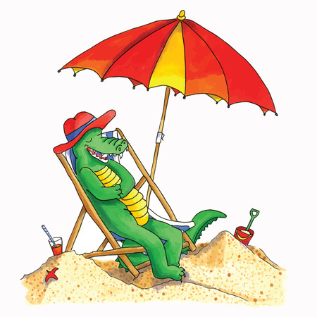 Hand drawn funny crocodile relaxing at the beachのイラスト素材