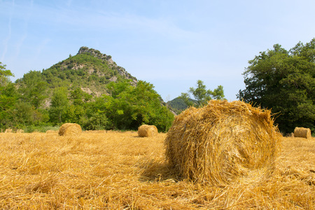 Round hay bails in French Drome landscapeの写真素材