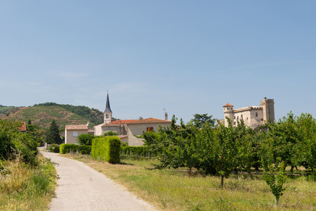 small village in France with church and castleのeditorial素材