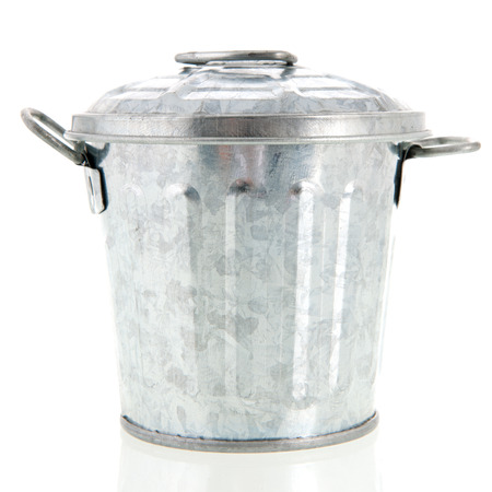 Metal trash can isolated over white backgroundの写真素材