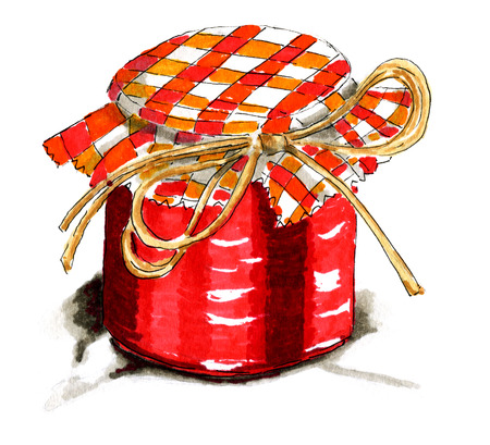 Watercolor illustration of a glass jar with jamの写真素材