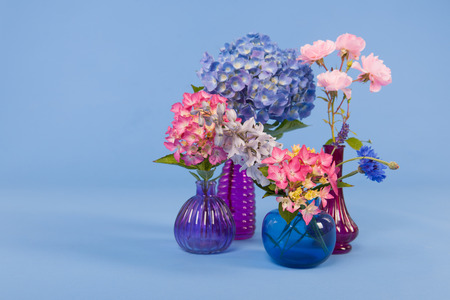 Hydrangeas pink and blue and other flowers on colorful backgroundの写真素材