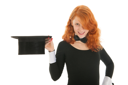 Woman as dandy with silk black isolated over white backgroundの写真素材