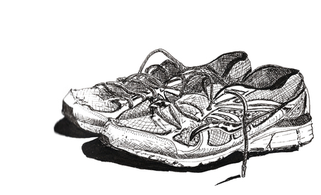 Black and white illustration of running shoesの写真素材