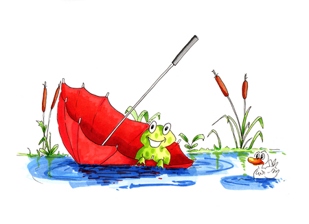 Illustration funny frog floating in umbrella on waterの写真素材