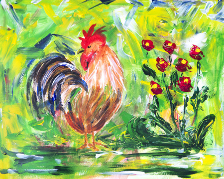 Painting colorful cock with flowersの写真素材