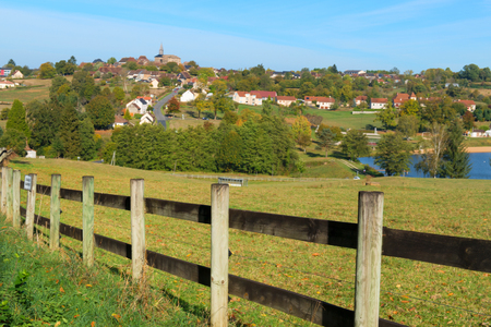 Landscape in French Limousin with village Saint Germain les Bellesの写真素材