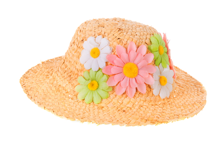 Straw summer hat with flowers isolated over white backgroundの写真素材