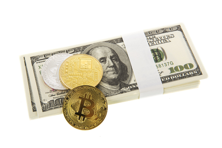 Dollars and bitcoins isolated over white backgroundの写真素材