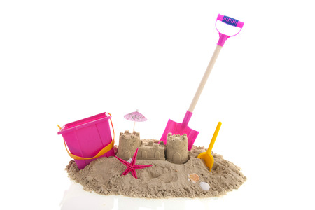 Family vacation with toys on summer beach isolated over whiteの写真素材