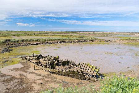 Old wooden boat carcass in bird sanctuary La Maison du Fier on island Ile de Reの写真素材