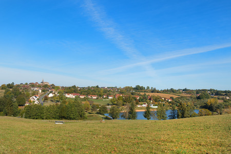 Landscape in French Limousin with village Saint Germain les Bellesの写真素材
