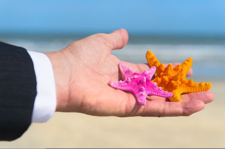 Colorful star fishes in hand of business man on vacationの写真素材