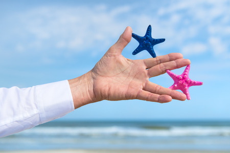 Blue and pink star fishes in hand of business man outdoorの写真素材
