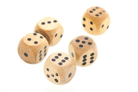 Five dices with different values isolated over whiteの写真素材