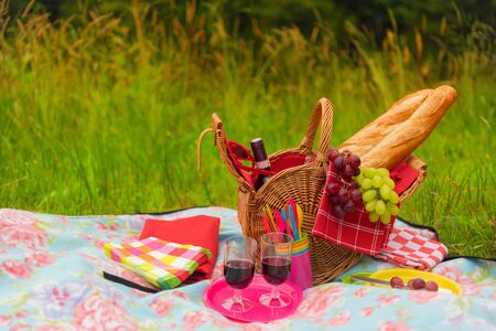Wicker Picnic basket filled with bread grapes and wine outdoor in natureの写真素材
