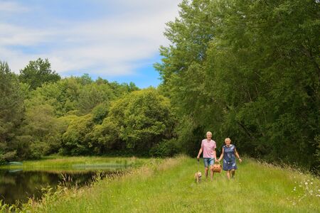 Elderly couple are carrying basket for having picnic in natureの写真素材