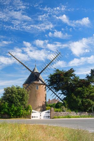 Old windmill (Moulin de Bel-Air), Le Bois-Plage near St Martin de Re, Ile de Re, Charente-Maritime in Franceの写真素材
