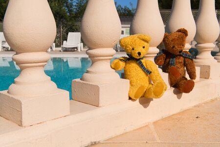 Two bears on vacation near swimming poolの写真素材