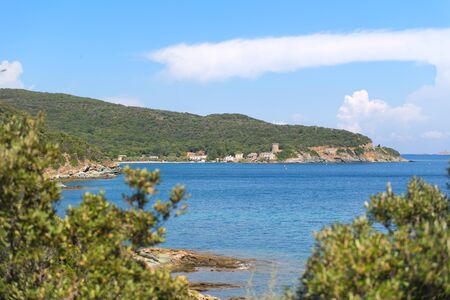 Coast Corse Corse with little village and Genuan defense towerの写真素材