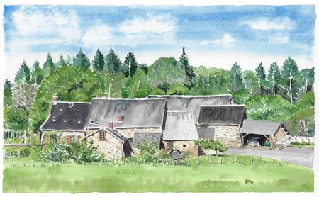 Water color of Old French village in the Limousinの写真素材