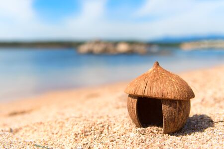 African hut made from coconut at the beachの写真素材