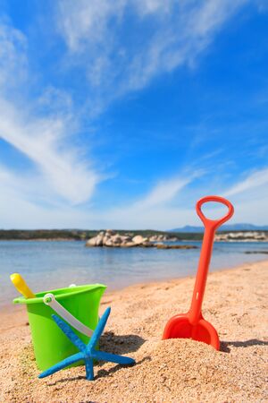 Corsican beach with colorful toys and star fish near the waterの写真素材