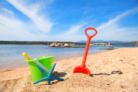Corsican beach with colorful toys and star fish near the waterの写真素材