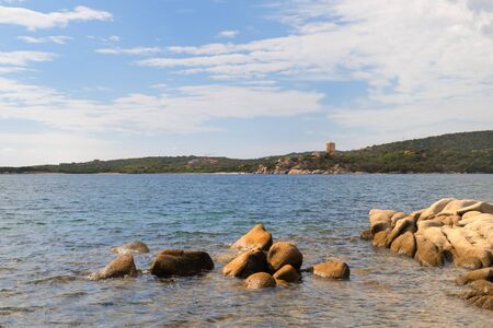 South Corsica near Bonifacio with Genoese tower at the coastの写真素材