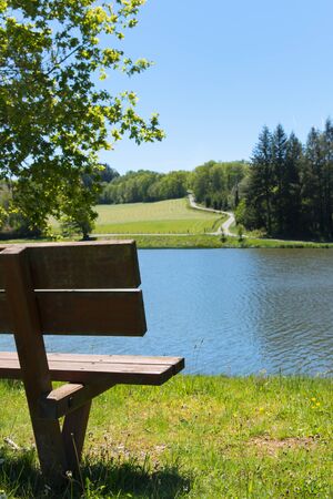 Landscape green hills and lake in French Nouvelle aquitaineの写真素材