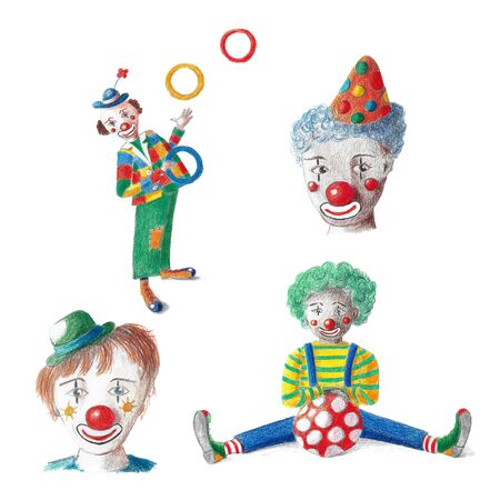 Drawing with colored pencils from four funny clowsの写真素材
